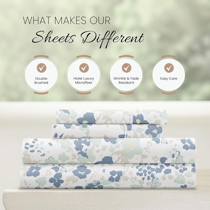 Linen Market Double-Brushed Patterned Microfiber California King Sheet Set 4 Piece – Oeko-TEX Certified Ultra Soft & Wrinkle-Free - 16" Deep Pocket Sheets Easy Care Cal-King Size - Violets Light Blue