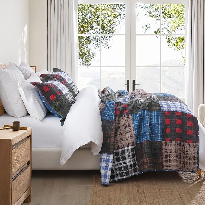 Quilt Set Queen Size, Cotton Patchwork Blue Black Checkered Patterns Quilt Sets, Reversible Bedspread Lightweight and Breathable for All Seasons, Soft Quilted Bedspread with 2 Pillow Shams