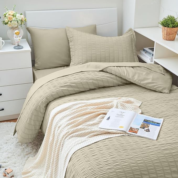 HYMOKEGE Light Linen Twin XL Comforter Set Seersucker 5 Pieces, All Season Luxury Bed in a Bag for Bedroom, Bedding Set with Comforter, Sheets, Pillowcase & Sham