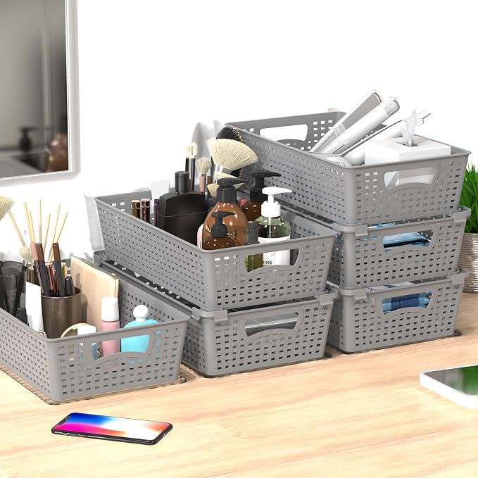 Simple Houseware Stackable Plastic Woven Basket Organizer, 6 Pack, Gray | 14.5" D x 8.5" W x 3.5" H