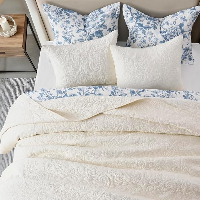 EVERGRACEHOME 100% Cotton Paisley Quilt Set, King Size, Ivory Cream | Prewashed for Softness, Year-Round Breathability, Gift-Ready Box, Matelasse-style Quilted Coverlet, 3 Piece Set with 2 Shams