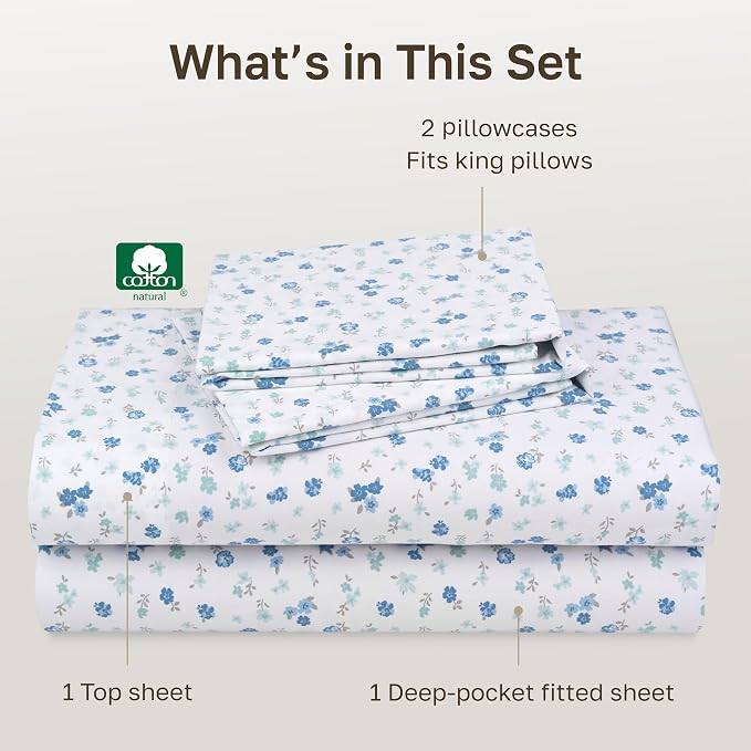 California Design Den Soft 100% Cotton Sateen 4 Pc King Size Bed Sheets Set | 400 Thread Count Backed by Good Housekeeping Seal, 16" Deep Pocket, All-Around Elastic, Durable - Floral White/Blues Print