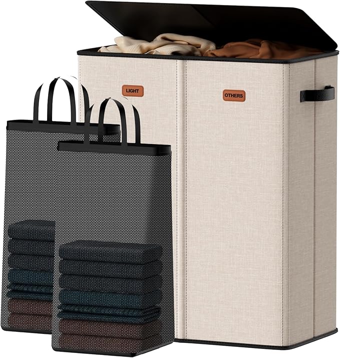 150L Double Laundry Hamper With Lid, Large Clothes Hampers with Removable Bag, Laundry Hamper 2 Section for Bathroom, Bedroom, Laundry Room, Dorm