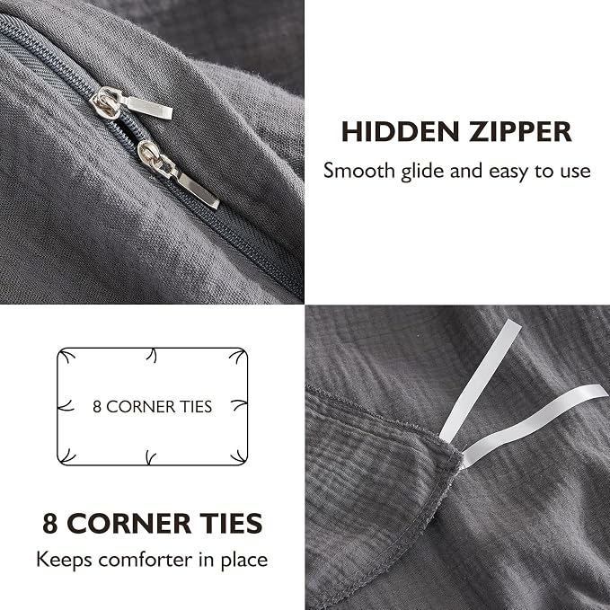 EMME Muslin Cotton Duvet Cover Set Queen Size Linen Like Soft Breathable Lightweight Summer Comforter Cover Set with Zipper Closure (Dark Grey, Queen, 90"x90")
