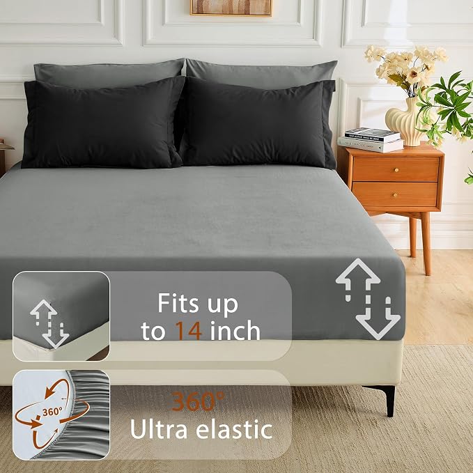 7 Pieces King Comforter Set, Soft Bed in a Bag King Size, All Season Bedding Set with Comforter, Flat Sheet, Fitted Sheet, Pillowcases & Shams, Black & Grey
