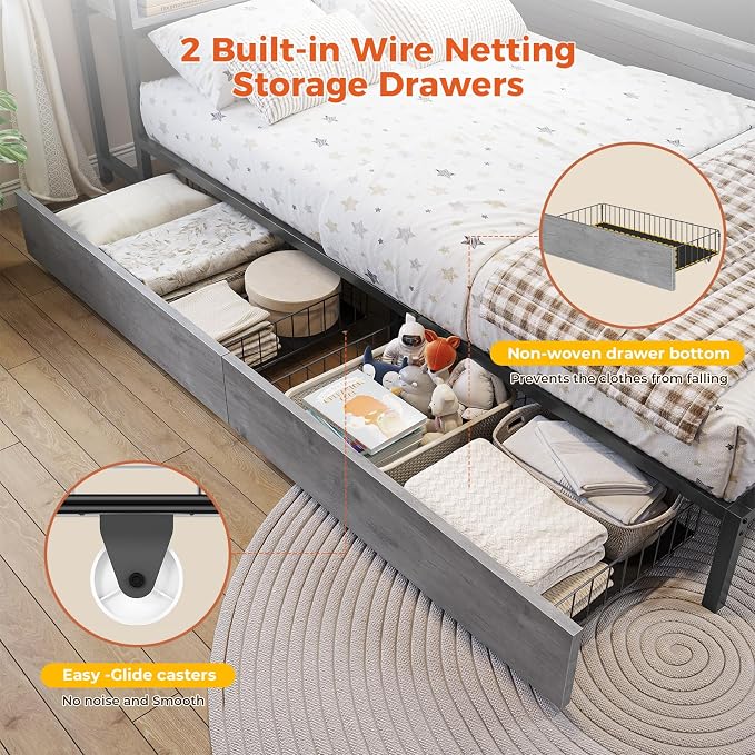 DICTAC Corner Bed Frame with Bookcase Storage and Led Lights Twin XL Metal Platform Beds with 2 Drawers and Charging Station Twin XL Daybed with Storage for Living Room,Bedroom & Guest Room,Oak Gray