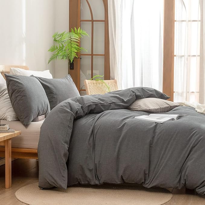 BESTOUCH Cotton Solid Duvet Cover Set Linen Feel Dark Grey California King | 100% Washed Cotton, Soft Wrinkle Texture, Hidden Zipper, 8 Ties, Breathable Lightweight Durable Comfy, 3 Pcs No Insert