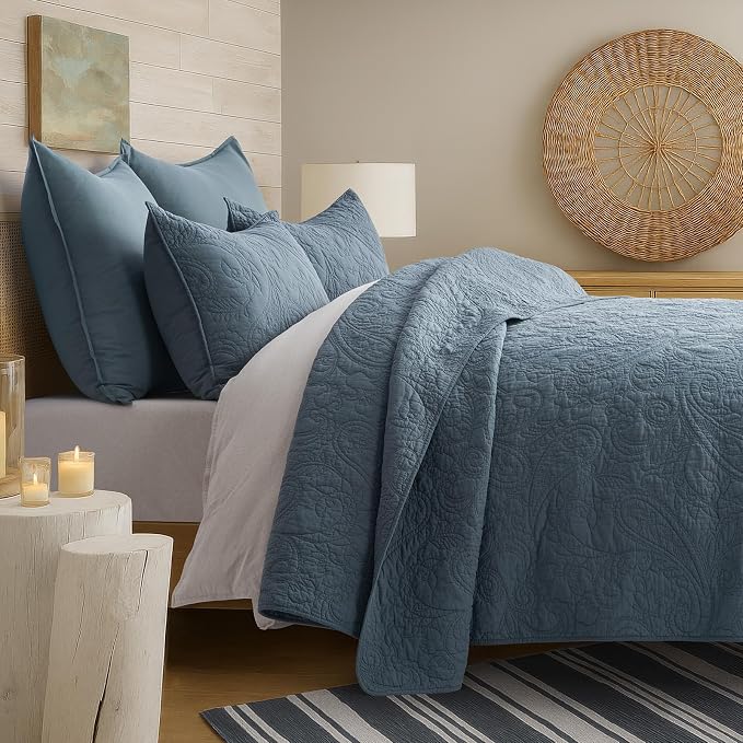 EVERGRACEHOME 100% Cotton Paisley Quilt Set, King Size, Stormy Blue | Prewashed for Softness, Year-Round Breathability, Gift-Ready Box, Matelasse-style Quilted Coverlet, 3 Piece Set with 2 Shams