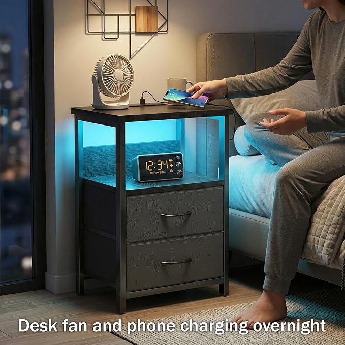 Fixwal Night Stand with Charging Station, Black Led Nightstand, 2 Drawers | fabric drawer, built-in bedside charger, 2 AC outlets & 2 USB ports, open top shelf, small bedroom furniture, end table