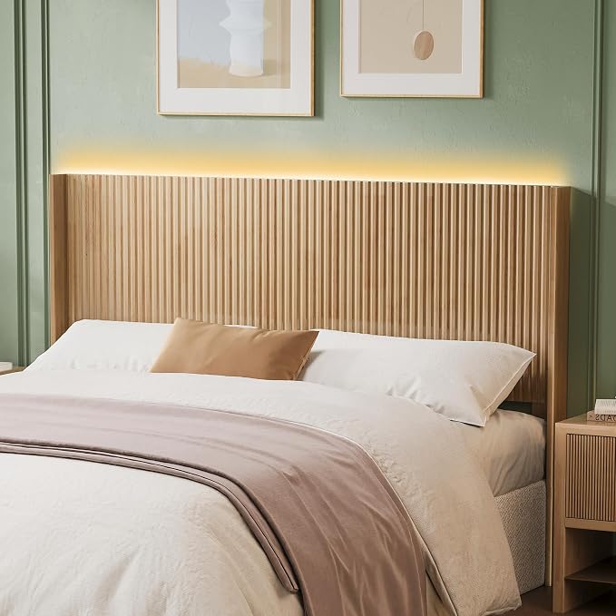 Howjoe Headboard (Modern Minimalist Style, Natural with Lighting, King) | Natural Wood King Bed Headboard Only, Boho Headboards, Wall Mounted Headboard with Wingback, Modern Farmhouse Headboards