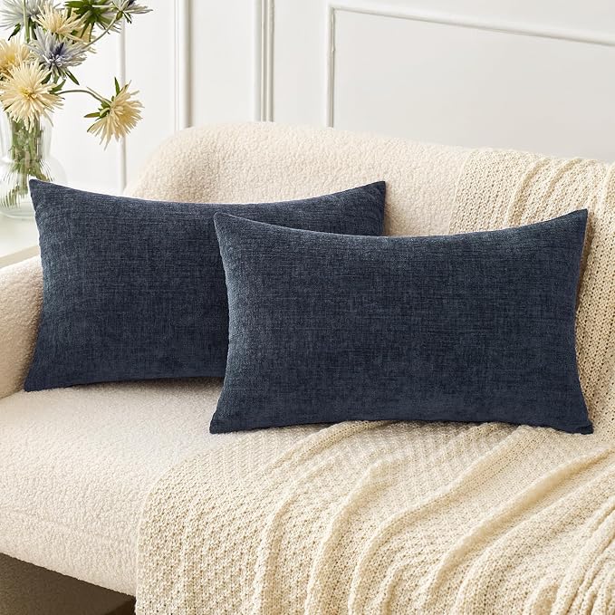 MIULEE Soft Chenille Lumbar Throw Pillow Covers Dark Navy 12x20 Pack of 2 | Modern Coastal Home Decor, Classic Decorative Pillows, Solid Dyed Cases, Boho Couch Cushion Covers for Sofa Bed Living Room