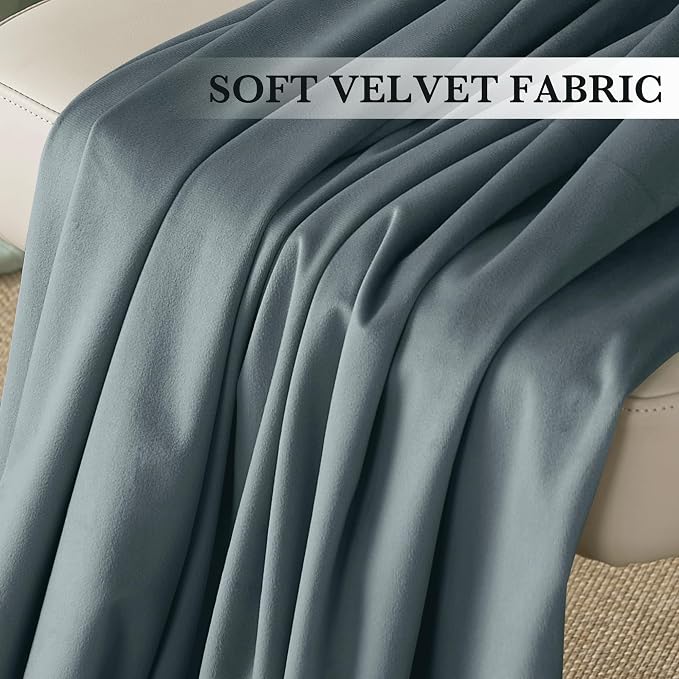 RYB HOME Velvet Curtains 90 inches Long for Sliding Patio Door | Thermal Insulated， Privacy UV Heat Blocking, Back Tab, Room Divider for Space Separation, W62 x L90, Dusty Blue, 2 Panels