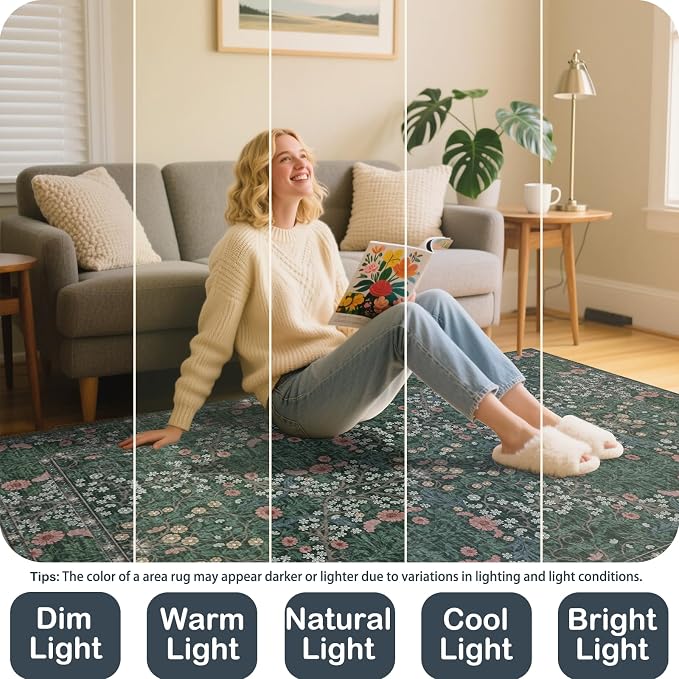 Extra Large 10x14 Area Rug for Living Room, Washable Rugs for Dining Room, Bedroom, Non Slip Stain Resistant Carpet, Low Pile Vintage Floral Rug (Green)