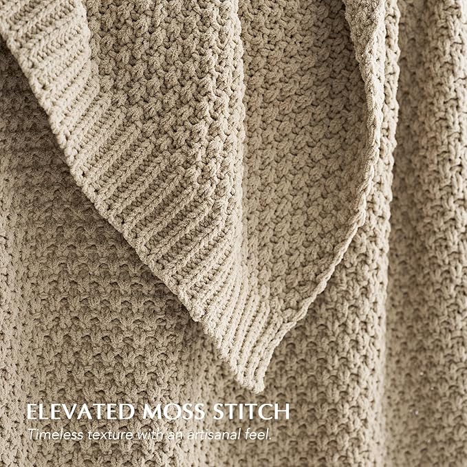EVERGRACEHOME Chunky Chenille Knit Throw Blanket, 60 x 80, Sand Dune | Sculpted Moss Stitch, Chic Modern Farmhouse, All-Season Warmth, OEKO-TEX® Certified, Elegant Blanket for Couch, Bed, Sofa