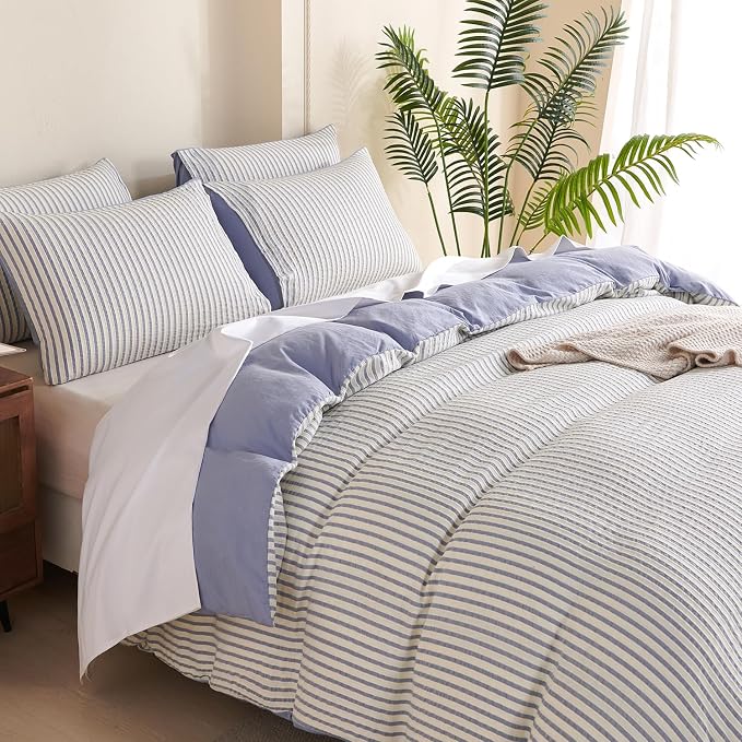 Comforter Set King Size Blue Striped Soft Luxury Washed Microfiber Jacquard 3 Pieces Bedding, White Blue Vertical Ticking Stripes Pattern Comforter with 2 Pillowcases Breathable Durable Comfy