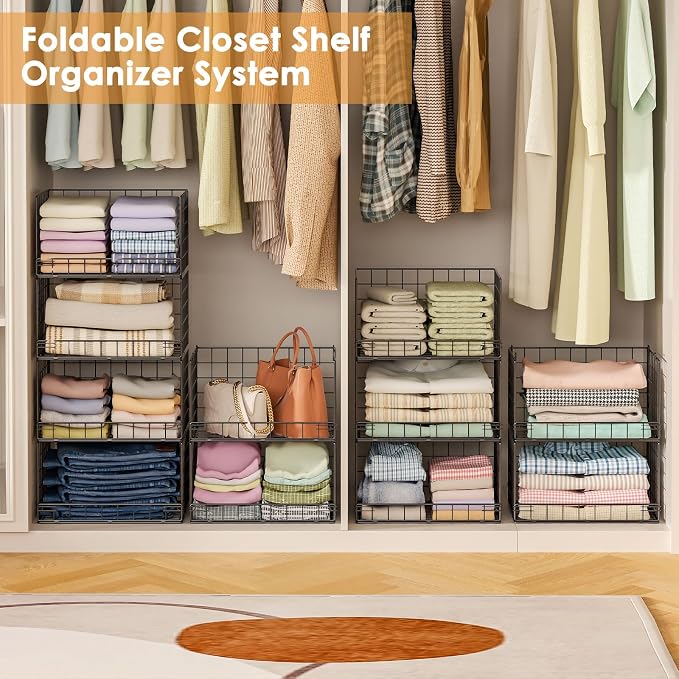 Yociyoga 8-Tier Stackable Closet Organizers and Storage Shelves, Foldable Closet Shelf Organizer, Stackable Storage Bins Drawers for Closet Organizer System, Black（Patent No. 30022416）