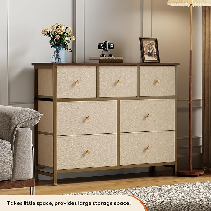 Sweetcrispy 7 Drawer Dresser for Bedroom Storage with Fabric Bins, Khaki | Anti-Tip Closet Organizer, Wooden Top and Sturdy Steel Frame, Spacious Drawers for Clothes Storage, Hallway Entryway