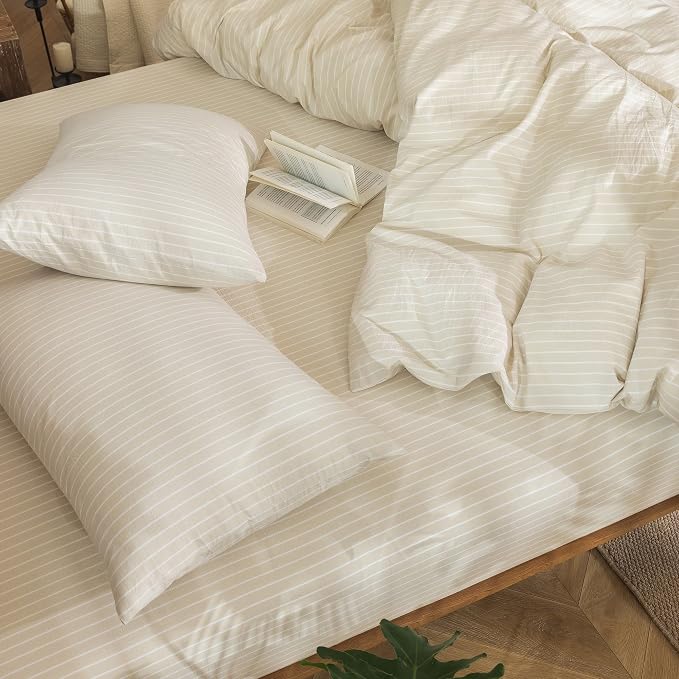 MooMee Striped Duvet Cover Set 100% Washed Cotton Linen Like King | Relaxed Linen-like Texture. Soft, Breathable & Long-lasting Comfort. Lightweight. Hidden Zipper with 8 Interior Corner Ties
