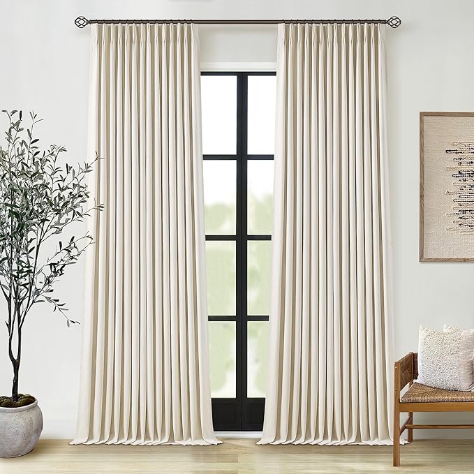 Pleated Cream Beige Linen Blackout Curtains for Bedroom 90 Inch Length | Pinch Pleat for Track System, Back Tab, 100% Black Out Room Darkening Thermal Insulated, Neutral Farmhouse, for Living Room