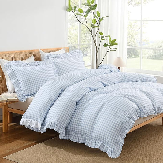 Andency Blue Gingham Duvet Cover Queen, Ruffle Shabby Bedding Set 3 Pcs | Farmhouse Soft Pre-Washed Polyester Comforter Cover with Zipper Closure & Corner Ties, 90x90Inch