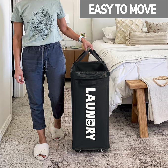 Goodpick 2-Pack Rolling Dirty Clothes Hamper with Wash Bag for Laundry, 75L | Large Black Laundry Basket with Wheels and Handles for Dorm Laundry Room, Rolling Laundry Basket