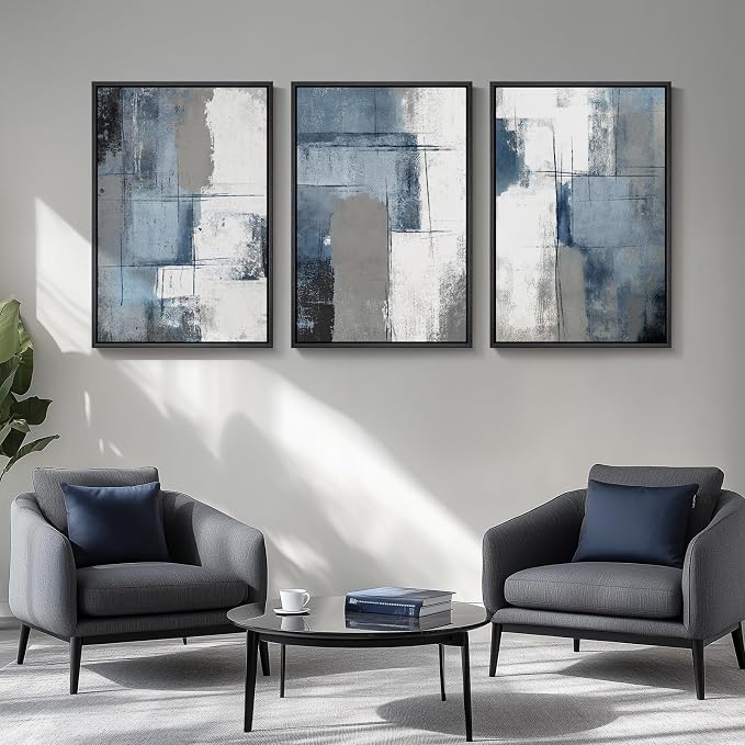 Large Framed Blue and Gray Abstract Wall Art for Living Room, 3 Piece 24x36 | Minimalist color block pictures, Canvas prints, Solid wood frame, Modern paintings, Wall decor for hallway office bedroom