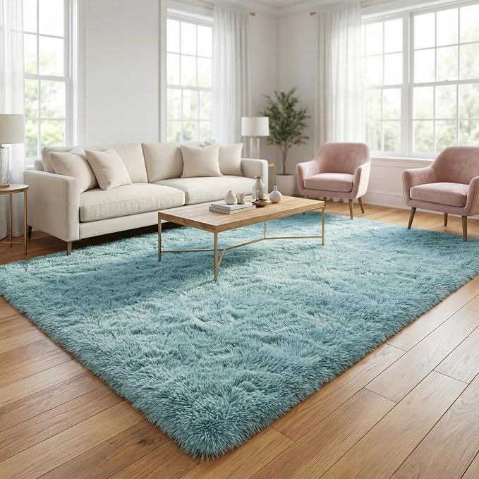 Soft Modern Indoor Large Shaggy Rug for Livingroom Bedroom Dorm Kids Room Home Decorative, Non-Slip Plush Fluffy FurryFur Area Rugs Comfy Nursery Accent Floor Carpet 8x10 Feet, Turquoise Green
