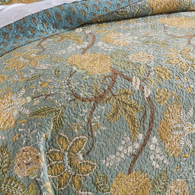 ENASAL Cotton Bedspread Quilt Sets Reversible Bedding Coverlet Sets Comforter, Vintage Floral Farmhouse Pastoral Turquoise Bedspread, King Size