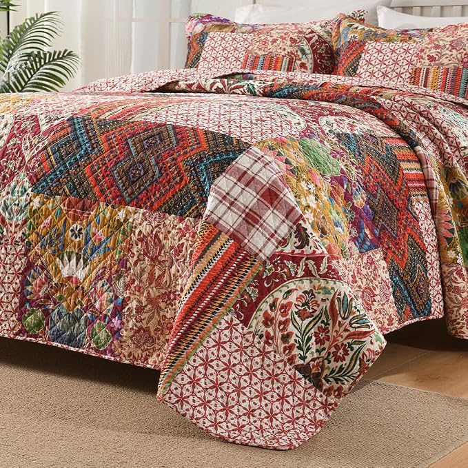 VISIMISI Cotton Bedspread Quilt Sets Reversible Bedding Coverlet Sets 3 Pieces Gorgeous Vintage Damask Red Patchwork Bedspread, Queen Size
