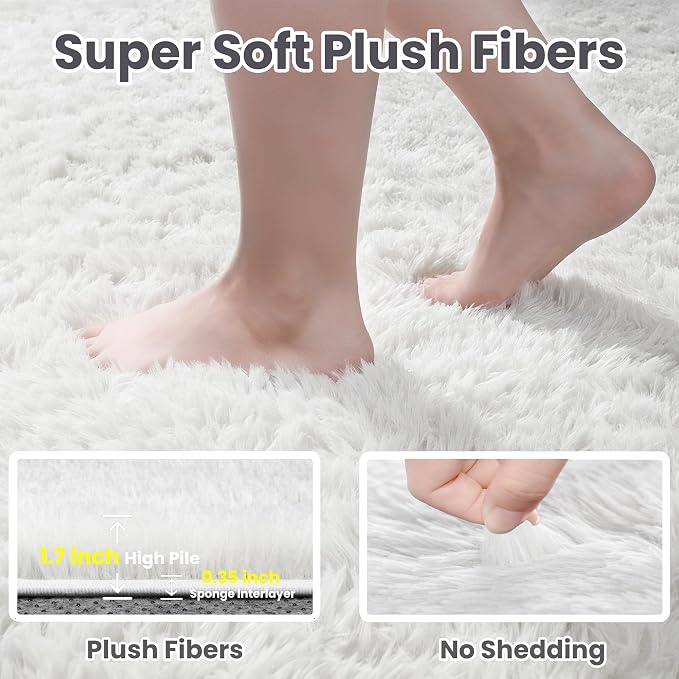 5x8 Fluffy Shag Area Rugs for Living Room Bedroom: Soft Plush Carpet White | Upgraded Non-Slip Thick Memory Foam, Ultra Soft, Non-Shedding Fuzzy Carpet, Easy Clean Decor for Kids Room, Nursery, Playroom