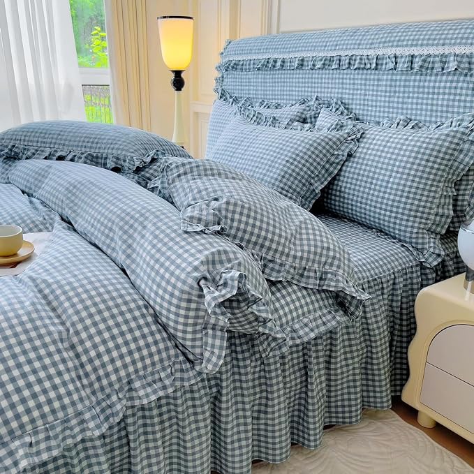 LifeTB Twin XL Comforter Set Blue Gingham Comforter with 2 Pillowcases Ruffle Plaid Grid Pattern Comforter Set for Men Boys Fluffy Soft Lightweight Bedding Boho Plaid Checkered Comforter Twin XL