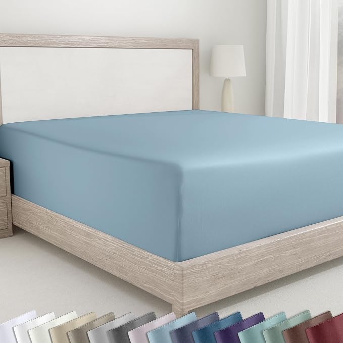 California Design Den 100% Cotton Sateen Queen Bed Fitted Sheet, Sky Blue | 400 Thread Count Backed by Good Housekeeping Seal, 16" Deep Pocket, All-Around Elastic, No-Pop Fit, Durable, OEKO-TEX