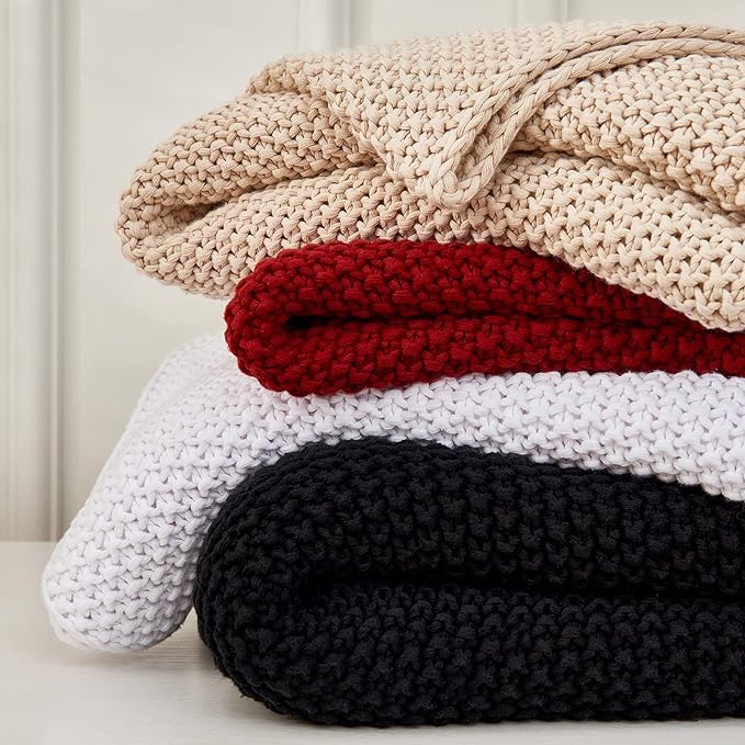 Chunky Cable Knit Throw Blanket Lightweight Beige 100% Organic Cotton Blanket for Sofa Couch Bed Baby Nursery, Rustic Shabby Chic Modern Farmhouse, 51” x 63” Give Laundering Bag