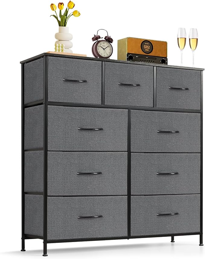 9-Drawer Dresser for Bedroom, Anti-Tip Tall Storage Organizer | Chest of Drawers with Wooden Top and Metal Frame Fabric Bins for Closet, Living Room, Hallway, Entryway, Gray