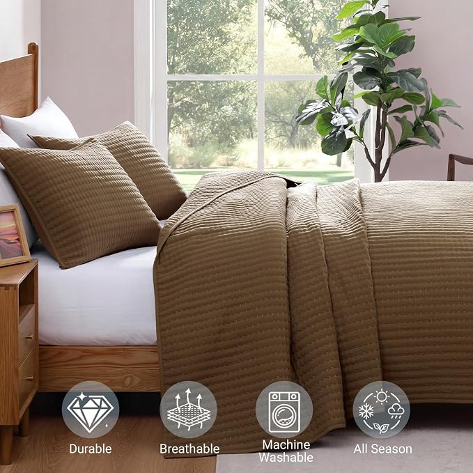 Queen Quilt-Lightweight Bedspreads Coffee Queen Size Quilt Bedding Set | Soft Coverlet with 2 Pillow Shams for All Seasons, Suitable for Bed, Couch, 3 Pieces, 90"x94"