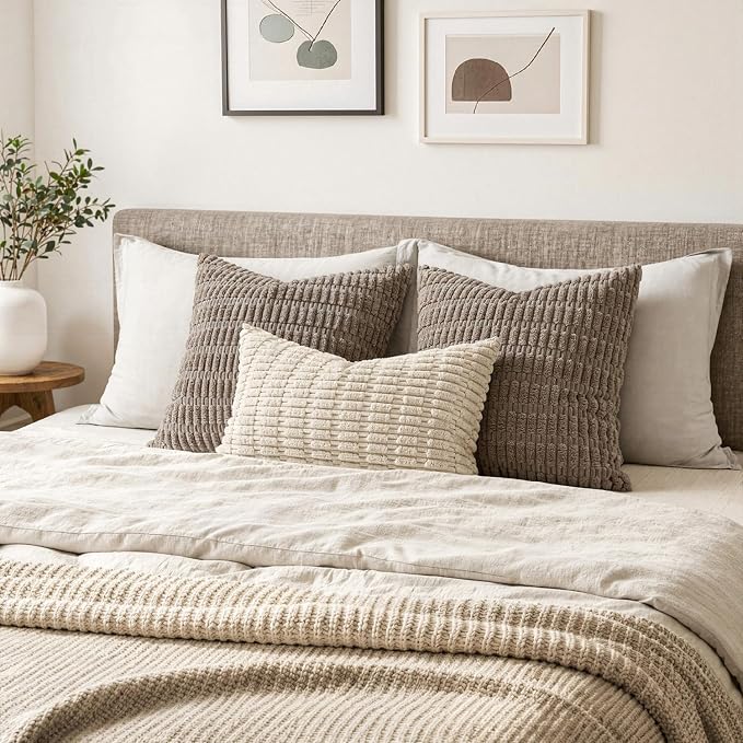 MIULEE Lumbar Corduroy Decorative Throw Pillow Covers 24x14 Cream White | Pack of 2 Soft Boho Striped Pillow Covers Modern Farmhouse Home Decor For Sofa Living Room Couch Bed