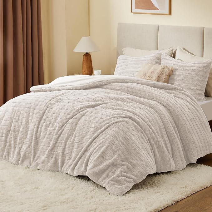 BEDELITE Faux Fur King Size Comforter Set, Fluffy Bed Set, Linen | Super Soft & Warm, Luxury Fuzzy Cozy Comforter for Winter, Heavy Plush Bed set, with 2 Pillowcases