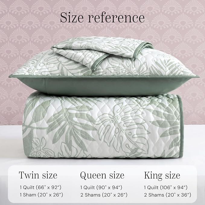 BLOOMHAVEN King Quilt Set-3 Pieces Soft Bedding Floral Reversible Coverlet | All Seasons Lightweight Quilts Queen Size for Bed, Breathable Vintage Bedspread with Shams, Green Leaf