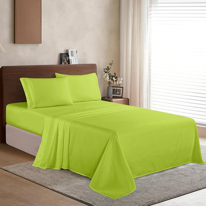 Elegant Comfort Luxury 1500 Premium Hotel Quality Microfiber 4-Piece Sheet Set - Wrinkle Resistant, All Around Elastic Fitted Sheet, Deep Pocket up to 16", California King, Lime