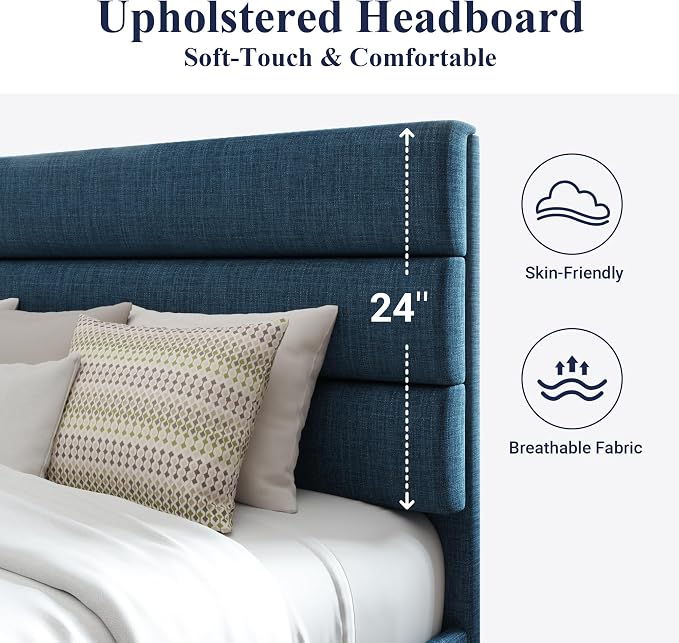 Allewie Queen Size Platform Bed Frame with Fabric Upholstered Headboard | Wooden Slats Support, Fully Upholstered Mattress Foundation, No Box Spring Needed, Easy Assembly, Noise-Free, Blue
