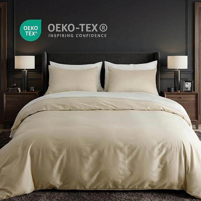 HeimenAogo Egyptian Cotton Duvet Cover Queen Size Sateen Weave, Silky Soft and Breathable Bedding Set with Zipper Closure, Long Staple Cotton Bed Linen (Linen Grey) 3Pcs
