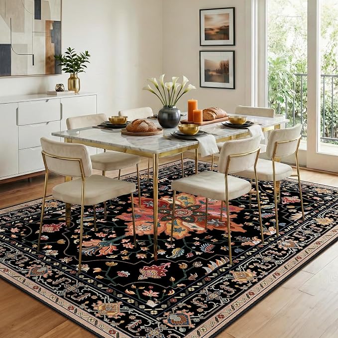 RELEANY Washable Area Rug, 8'x10', Black/Colorful | Non-Slip, Water Repellent, Pet Friendly, Easy to Clean, Vintage Floral Boho Decor for Living Room Bedroom Dining Room