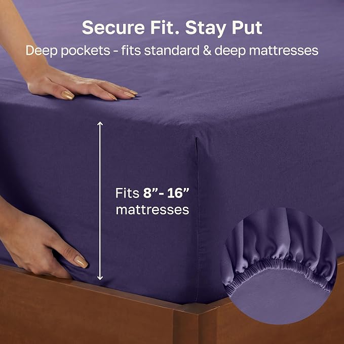 California Design Den 100% Cotton Sateen King Size Fitted Sheet, Purple | 400 Thread Count Backed by Good Housekeeping Seal, 16" Deep Pocket, All-Around Elastic, No-Pop Fit, Durable, OEKO-TEX
