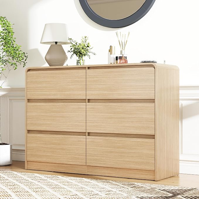 Vibe & Dine 6 Drawer Dresser, Modern Wooden Dressers & Chests of Drawers with Arc Edge Design, 47" Wide Dresser for Closet, Entryway, Bedroom, Natural Wood