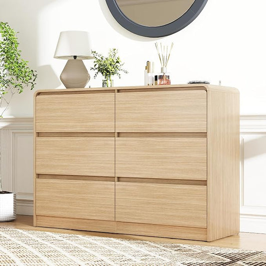 Vibe & Dine 6 Drawer Dresser, Modern Wooden Dressers & Chests of Drawers with Arc Edge Design, 47" Wide Dresser for Closet, Entryway, Bedroom, Natural Wood