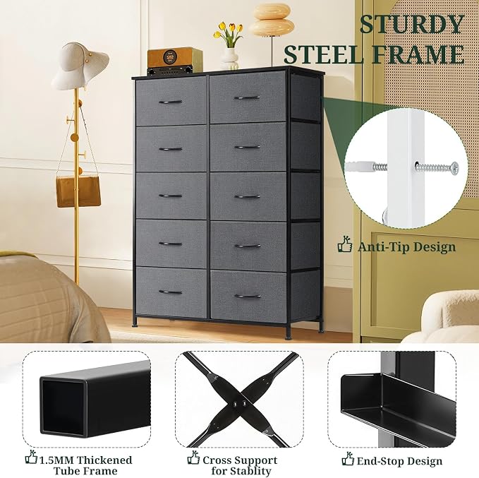 10-Drawer Dresser for Bedroom, Anti-Tip Tall Storage Organizer | Chest of Drawers with Wooden Top and Metal Frame Fabric Bins for Closet, Living Room, Hallway, Entryway, Gray