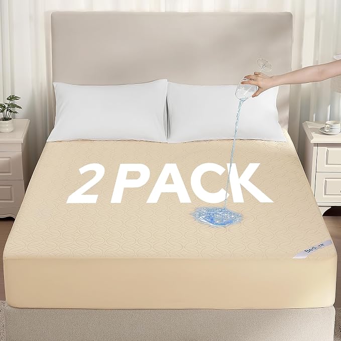 2 Pack Waterproof Mattress Protector Queen Size, Deep Pocket Fit, Washable | Bedlore Soft Breathable Bed Mattress Cover Pad, Fits 6-18 Inch Deep Mattresses, Ideal for Bedroom, Hotel, Beige