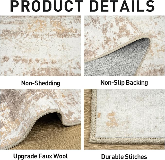 5x7 Area Rugs for Living Room: Washable Abstract Beige Grey Badroom Carpet | Non-slip TPE backing makes this washable soft low-pile rug safe & durable, Pet-friendly decor for dining room,nursery,office