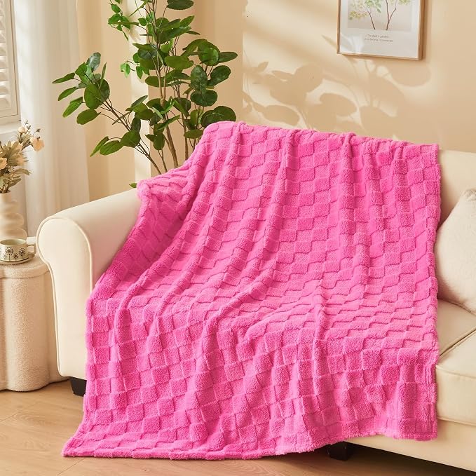 NEWCOSPLAY 3D Checkered Flannel Queen Blanket, Hot Pink Checkered, 90"x90" | Super Soft Cute Lightweight Decorative Premium Silky Fleece Blanket for Couch Sofa Bed, Gift for Women Men, All Season Use