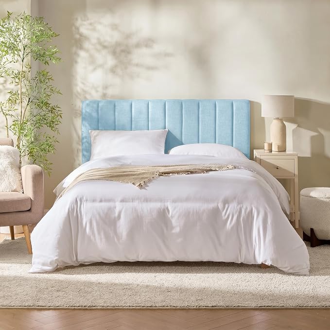 Hearth & Harbor Wall Mounted Queen Headboard Only, Bed Headboard Queen Size | Easy Assemble, Floating Peel and Stick, Upholstered, Channel Stitched, 3D Wall Panels, 5 Strips of 3M Tape Included, Ice Blue